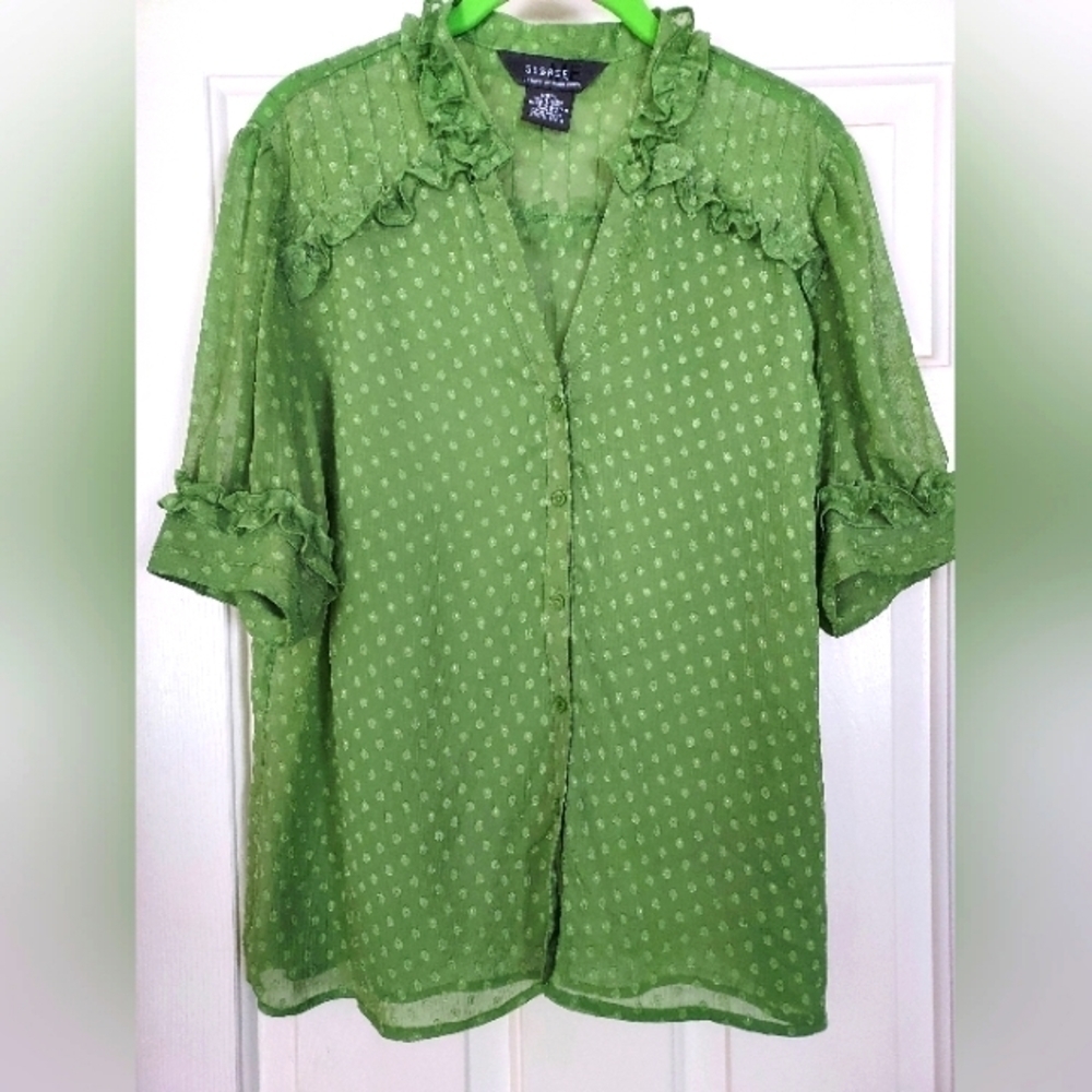 George designs by mark eisen women's sheer green top blouse w/ruffels size M.